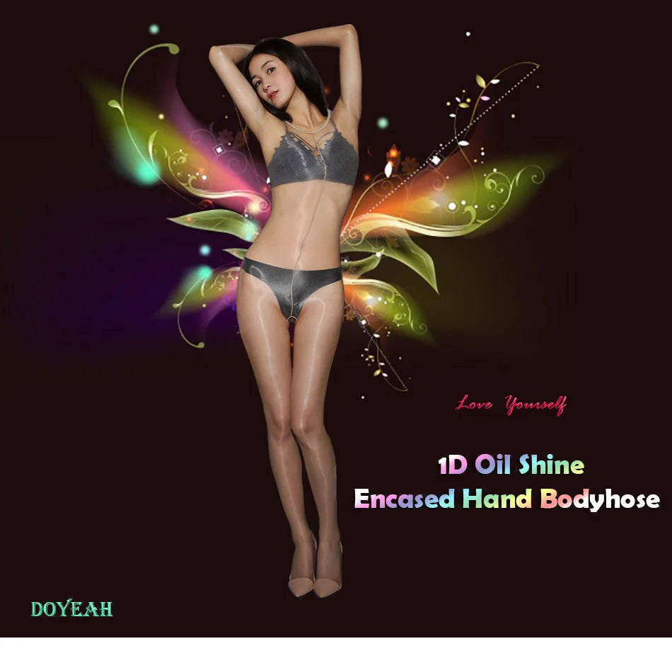 Mono ajustado de cuerpo entero brillante 1D, tipo medias, adecuado para hombres y mujeres, con entrepierna abierta y cerrada, sexy y brillante.