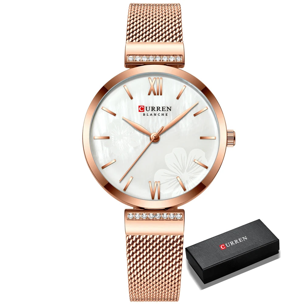 Reloj de moda CURREN para mujer, de lujo, de cuarzo dorado, elegante reloj de pulsera para mujer, reloj de vestir para mujer, acero inoxidable