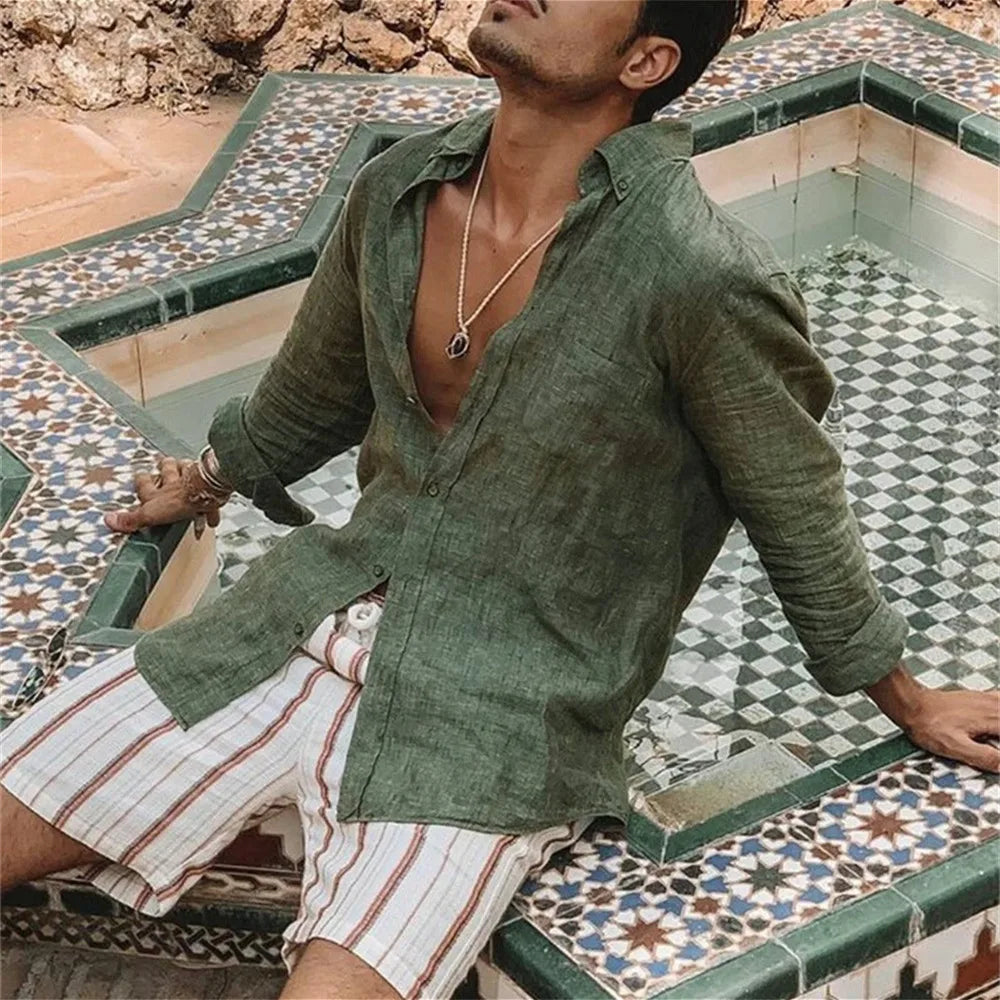 Camisas casuales de algodón y lino para hombre, cuello alto, color liso, manga larga, holgadas, para primavera y otoño, 2024