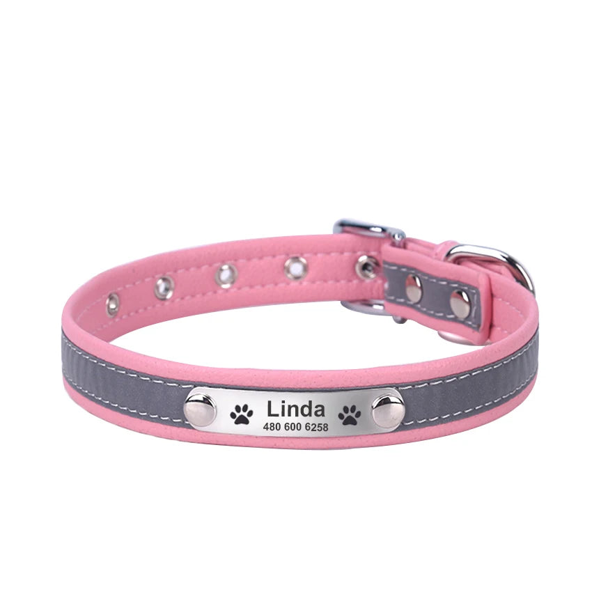 Collar reflectante personalizado para perro, de cuero resistente a las mordeduras, collar para cachorro y gato, collar de identificación, grabado con nombre, número de teléfono, placa de identificación para cachorro