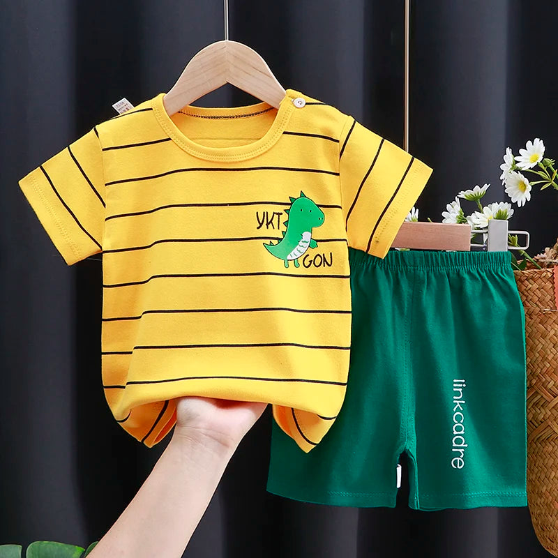 Conjunto de ropa para niños, camiseta y pantalones cortos para bebé niño/niña, ropa de verano de algodón con dibujos animados, chándal informal para niño y bebé.