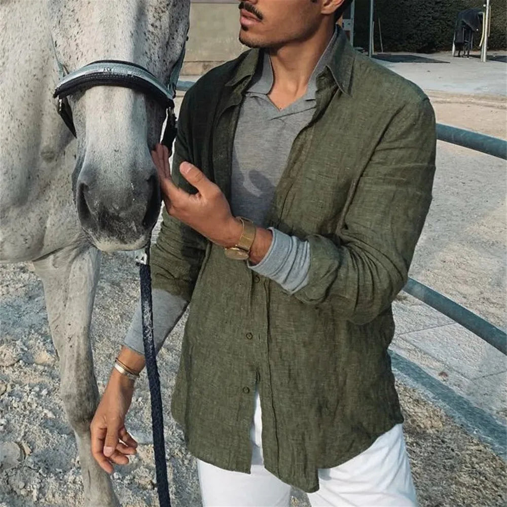 Camisas casuales de algodón y lino para hombre, cuello alto, color liso, manga larga, holgadas, para primavera y otoño, 2024