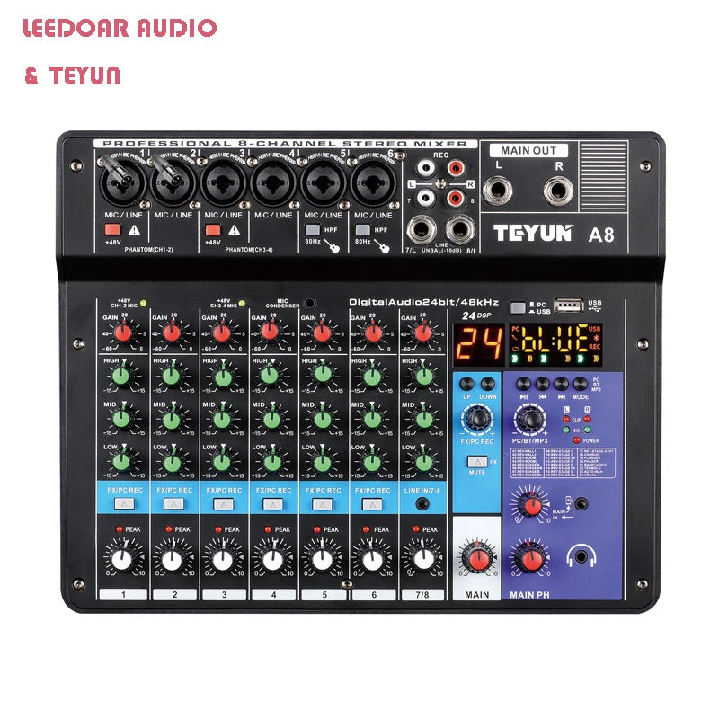 Mesa de mezclas de sonido para DJ TEYUN de 8, 6 y 4 canales, mezclador de audio con 24 efectos DSP, Bluetooth, PC, reproducción USB, grabación, controlador de 48 V, consola de mezclas