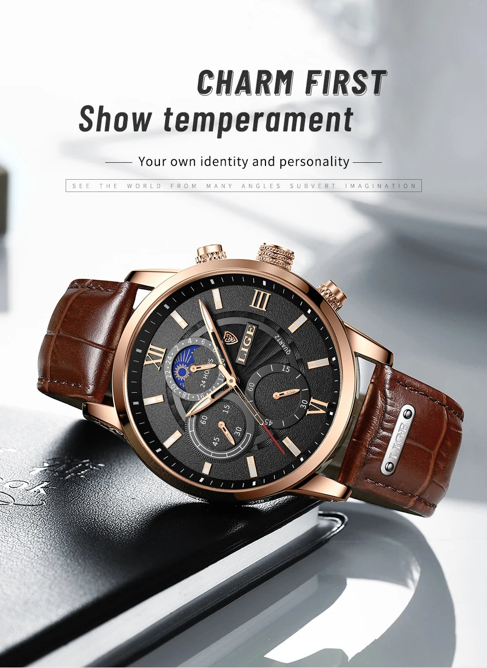 Nuevos relojes LIGE para hombre, marca superior de lujo, reloj de pulsera para hombre, reloj de cuarzo de cuero, reloj deportivo resistente al agua para hombre, reloj Masculino