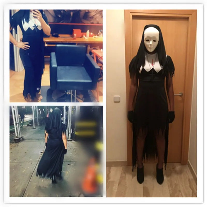 Halloween Nun Cosplay Costume Women Black Vampire Fantasy Dress Terror Sister Party Disguise Female Fancy For Adults