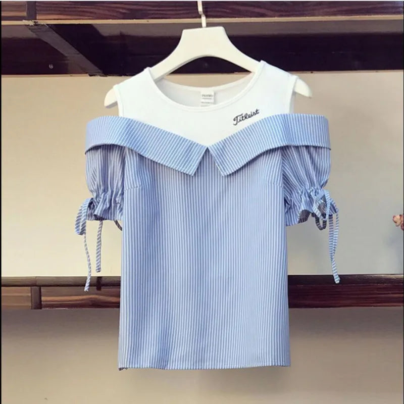 Conjunto de dos piezas formado por camiseta y pantalón corto, para mujer, verano 2024, informal, a rayas, con retazos, cintura alta y pantalones cortos