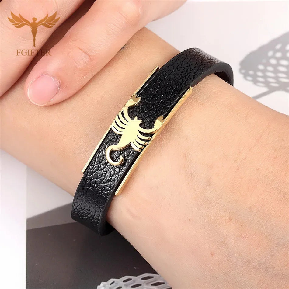 Pulsera de cuero con diseño de escorpión para hombre y mujer, estilo punk, color dorado y plateado