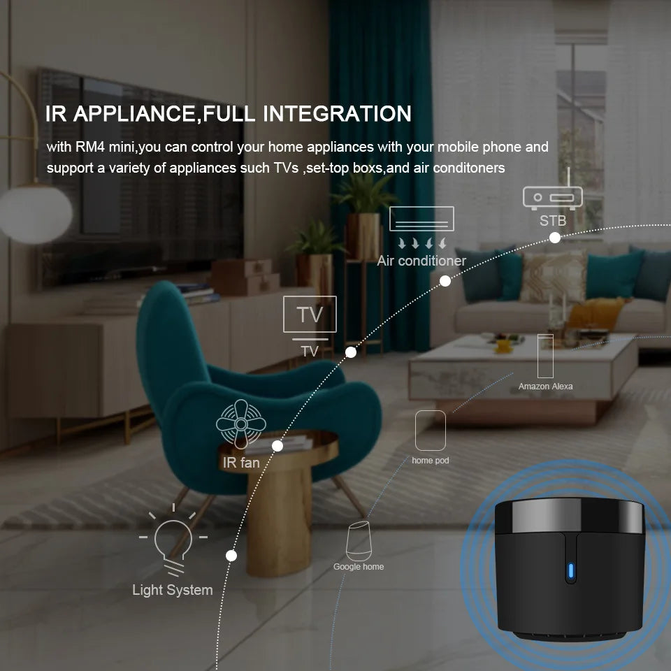 Sensor de temperatura y humedad Broadlink RM4 mini, control remoto WiFi IR para aire acondicionado, decodificador de TV, compatible con Alexa.