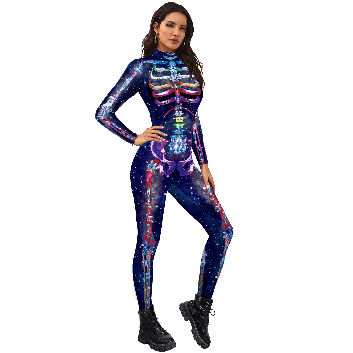 Color Cosplayer Halloween Skeleton Printed Jumpsuits Women Halloween Performance Outfits Party Cosplay Costume Zentai Fitness