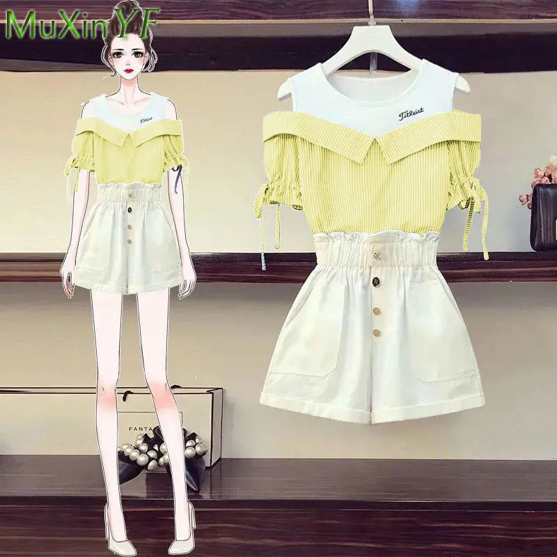 Conjunto de dos piezas formado por camiseta y pantalón corto, para mujer, verano 2024, informal, a rayas, con retazos, cintura alta y pantalones cortos