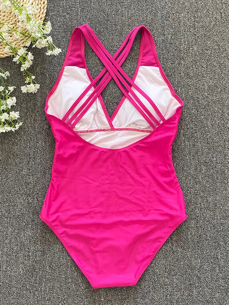 Traje de baño de una pieza sexy 2023 para mujer, con vendaje cruzado y espalda descubierta, monokini de realce, ropa de playa