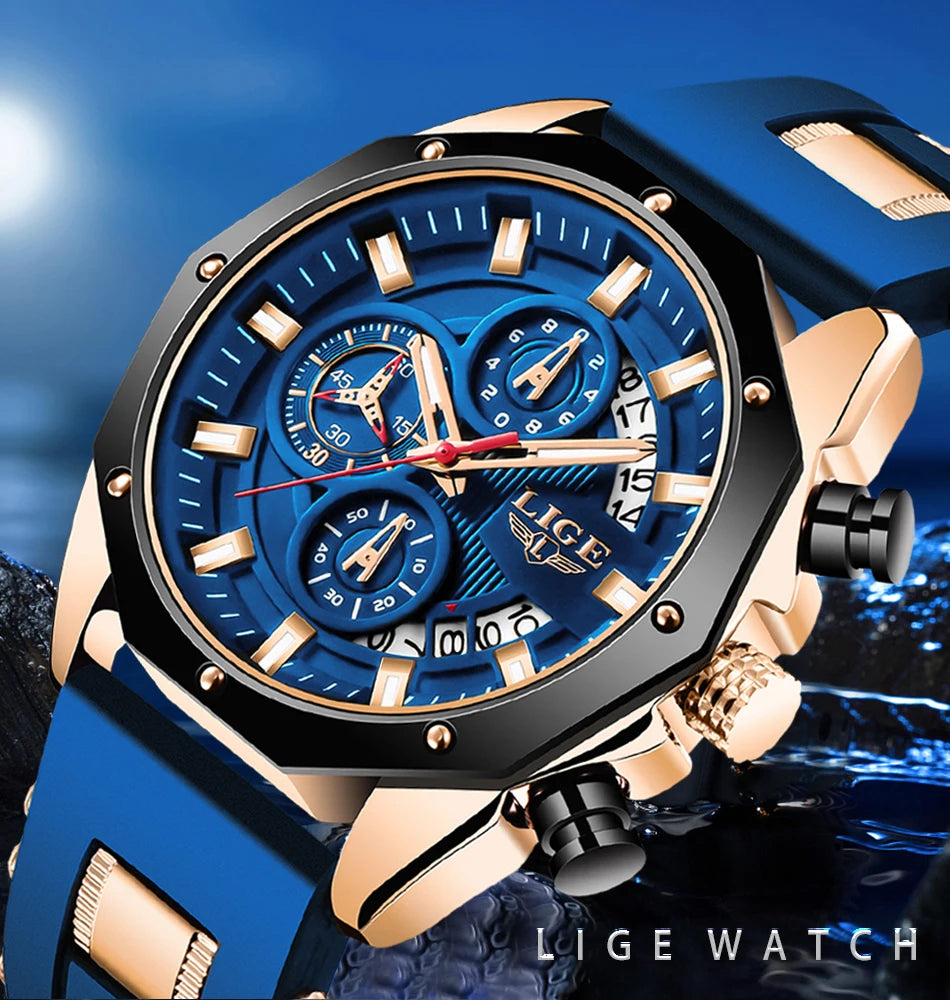 LIGE 2024 - Nuevos relojes de moda para hombre, marca superior de lujo, reloj deportivo de silicona, reloj de cuarzo con fecha, reloj de pulsera resistente al agua, cronógrafo