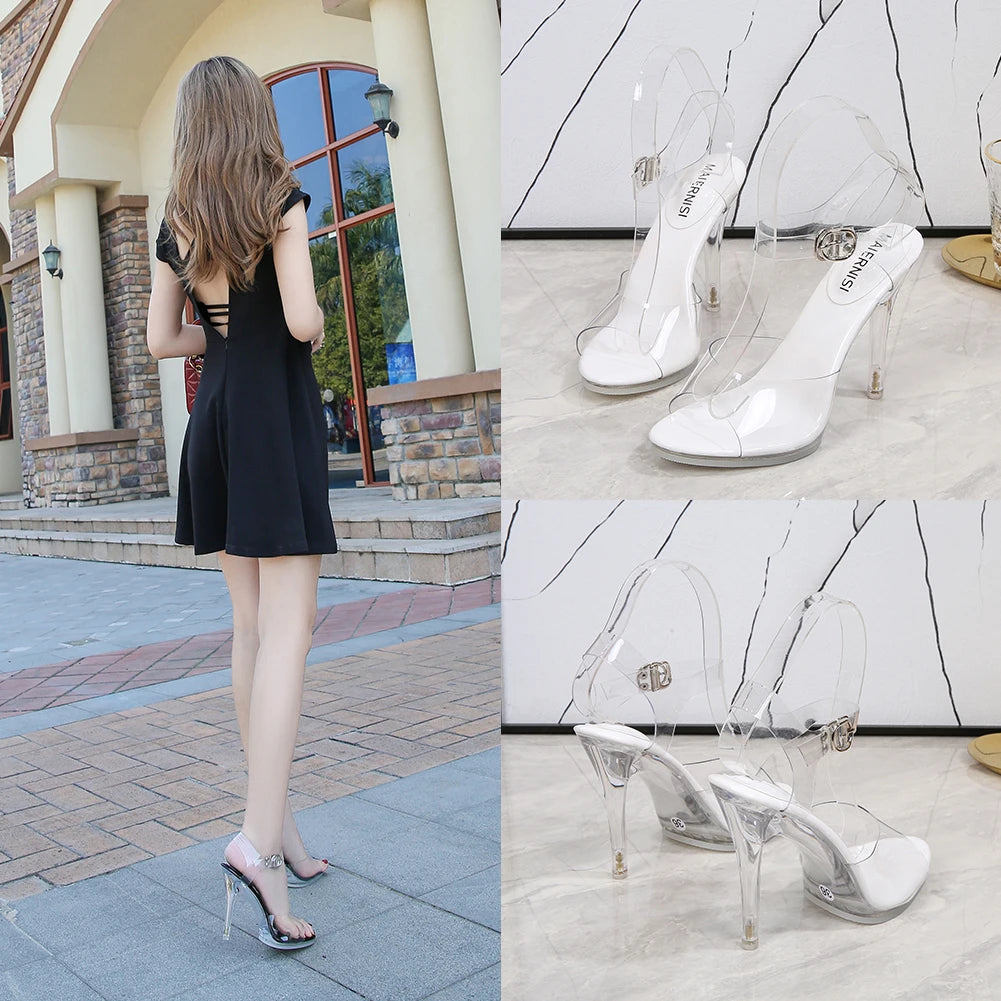 Sandalias Voesnees 2024 para mujer, zapatos nuevos de tacón de aguja con punta abierta, tacones altos transparentes, zapatos de boda con cristales, tacones de stripper para desfiles.