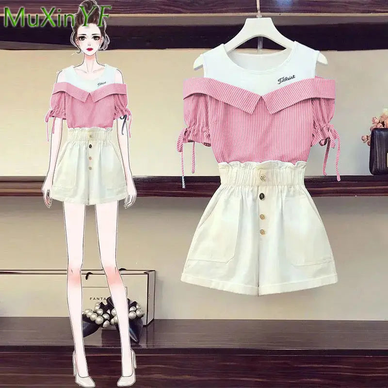 Conjunto de dos piezas formado por camiseta y pantalón corto, para mujer, verano 2024, informal, a rayas, con retazos, cintura alta y pantalones cortos