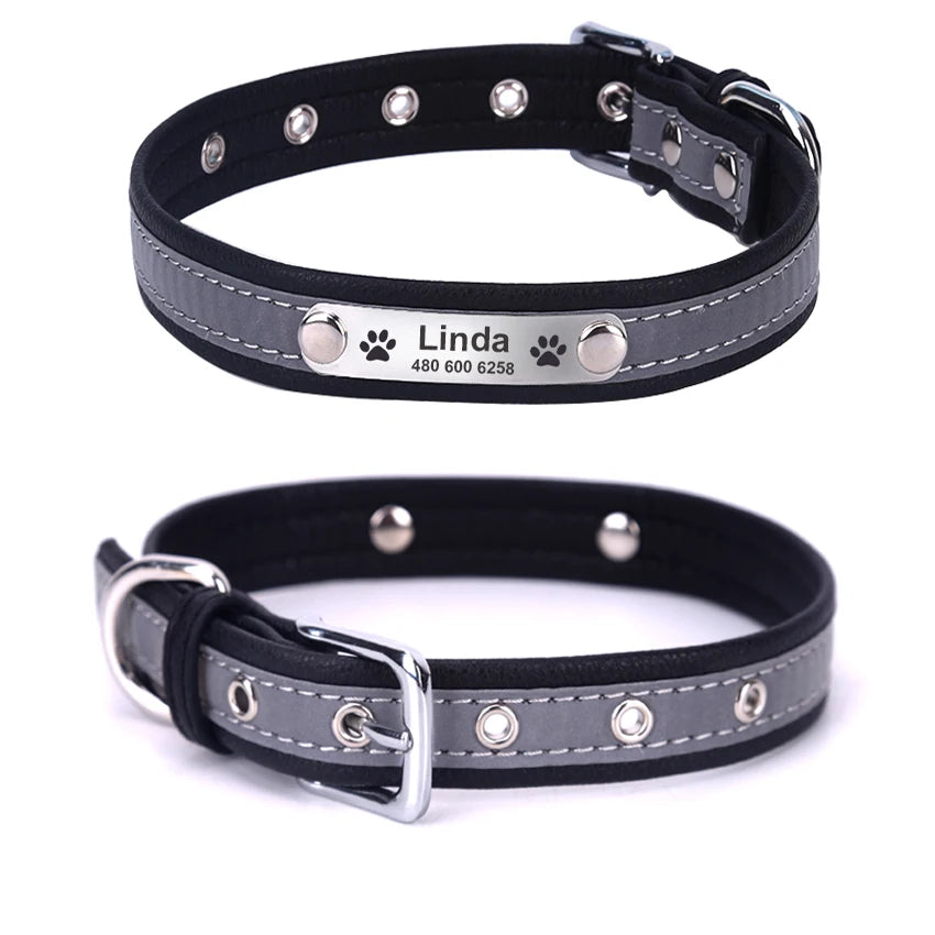 Collar reflectante personalizado para perro, de cuero resistente a las mordeduras, collar para cachorro y gato, collar de identificación, grabado con nombre, número de teléfono, placa de identificación para cachorro