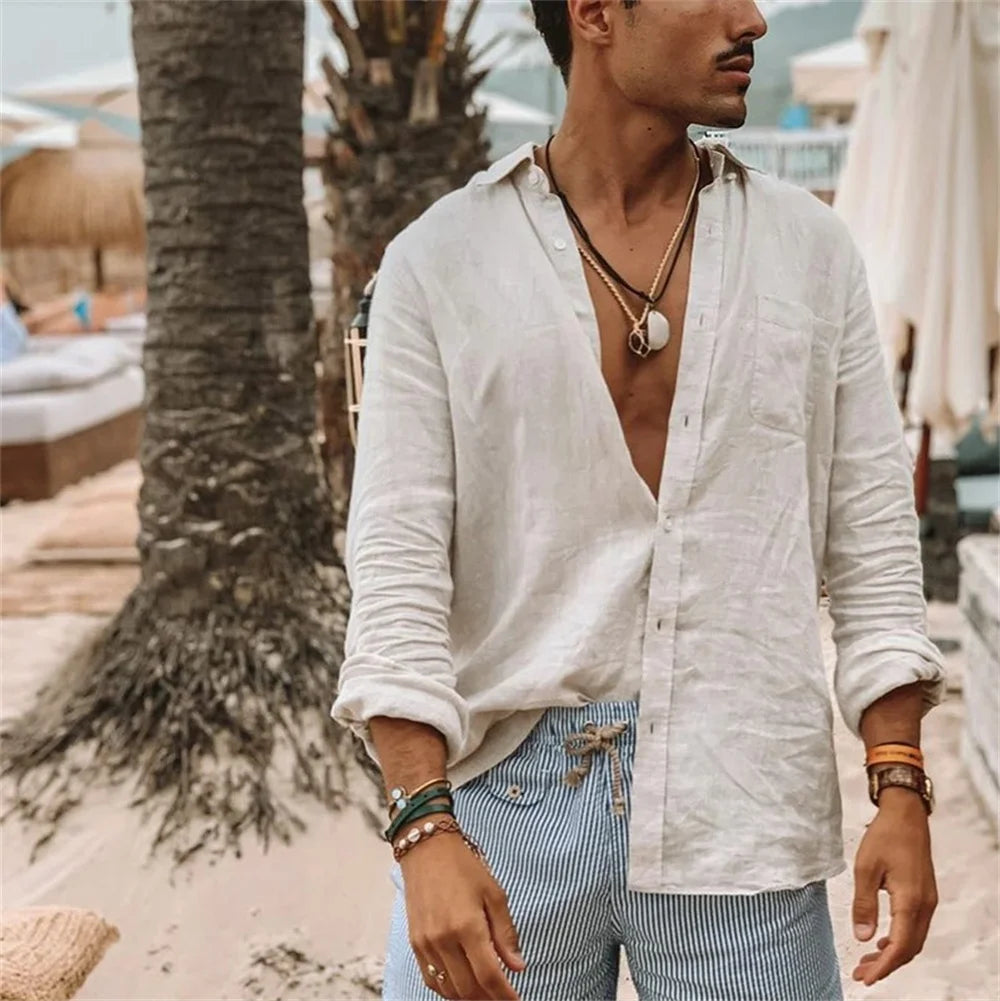 Camisas casuales de algodón y lino para hombre, cuello alto, color liso, manga larga, holgadas, para primavera y otoño, 2024