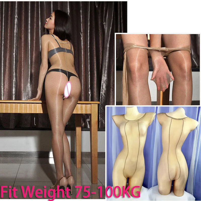 Mono ajustado de cuerpo entero brillante 1D, tipo medias, adecuado para hombres y mujeres, con entrepierna abierta y cerrada, sexy y brillante.