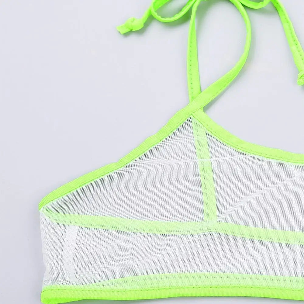 Traje de baño de malla transparente para mujer, bikini micro mini sexy, bañador, top de sujetador, tanga y bragas.