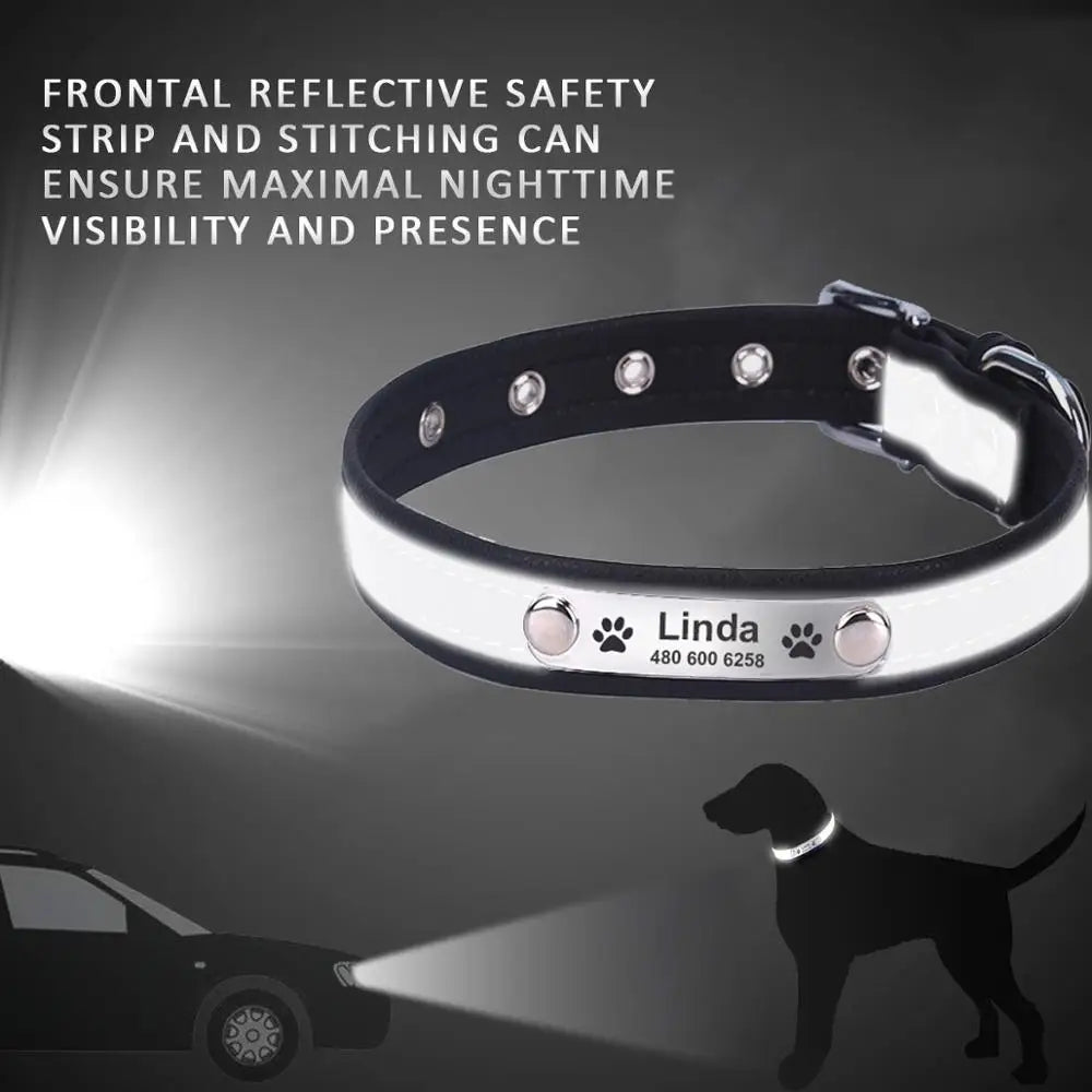 Collar reflectante personalizado para perro, de cuero resistente a las mordeduras, collar para cachorro y gato, collar de identificación, grabado con nombre, número de teléfono, placa de identificación para cachorro