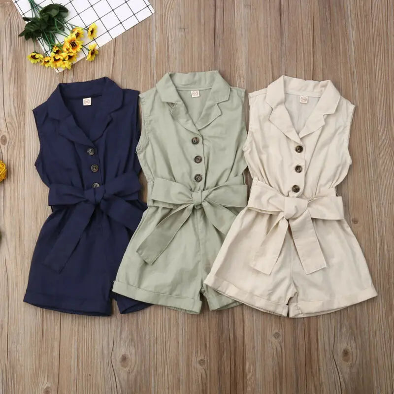 Ropa de moda para niñas pequeñas, monos sin mangas con lazo en la cintura, trajes de verano, mono de verano, ropa para niños
