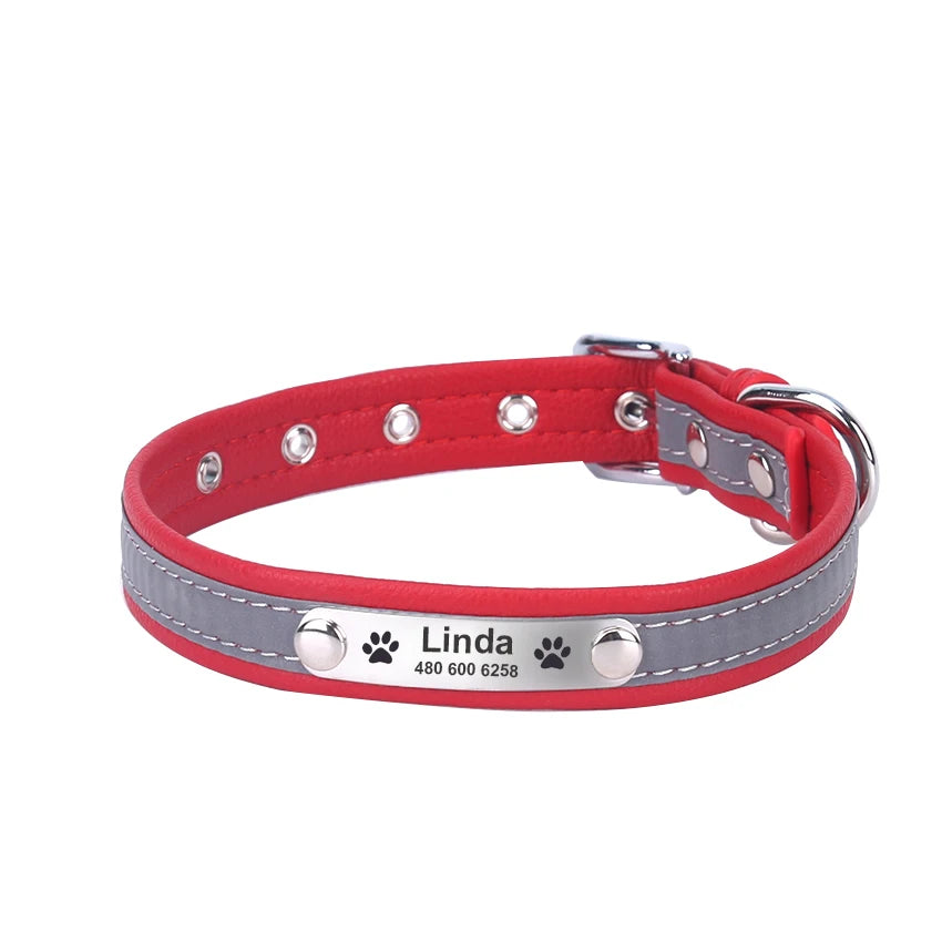 Collar reflectante personalizado para perro, de cuero resistente a las mordeduras, collar para cachorro y gato, collar de identificación, grabado con nombre, número de teléfono, placa de identificación para cachorro