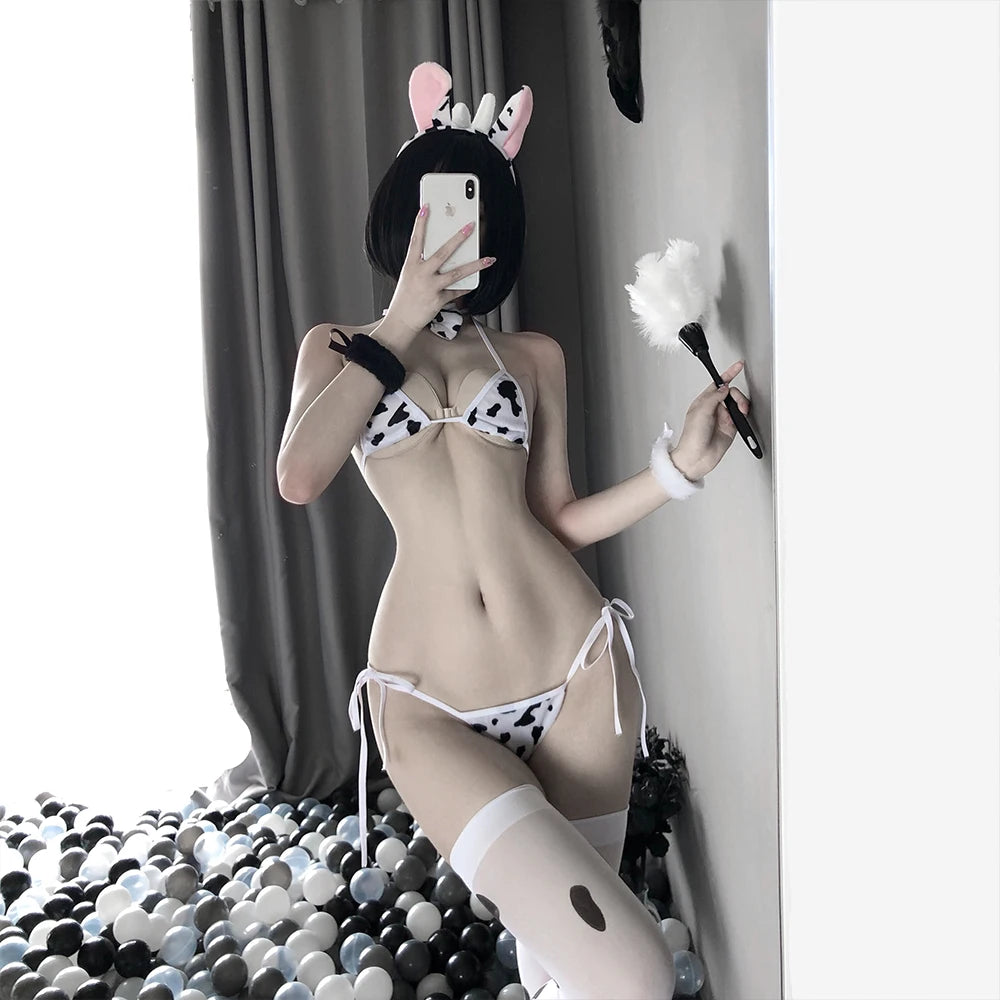 Anime Cow Sexy Cosplay Costume Maid Tankini Swimsuit Bikini Set Girls Swimwear Clothing Lolita Bra and Panty Set Stockings
