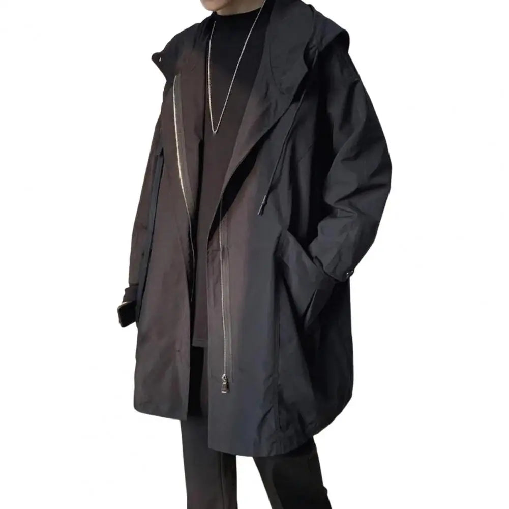 Abrigo cortavientos para hombre con capucha, manga larga, cierre de cremallera, bolsillos, color liso, corte holgado, largo medio.