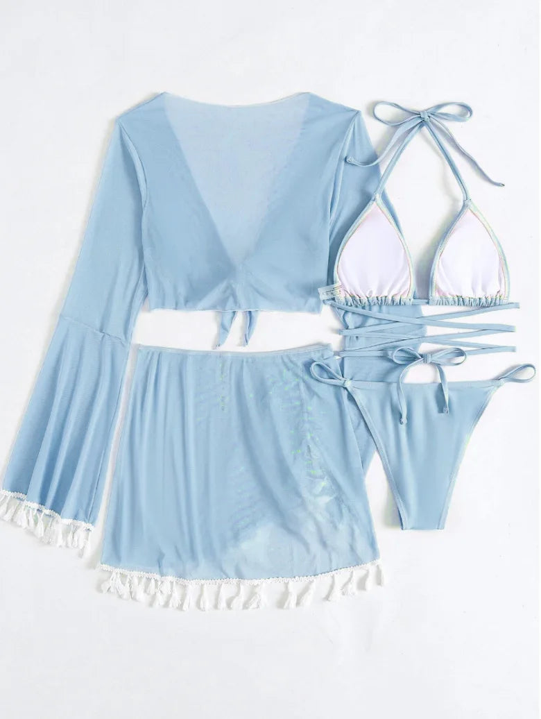 4 Piece Swimming Suit Women Beach Wear Solid Tassel Cover Up Mesh Mini Skirt Bikinis Set Cute Swimming Pool Outfit Summer
