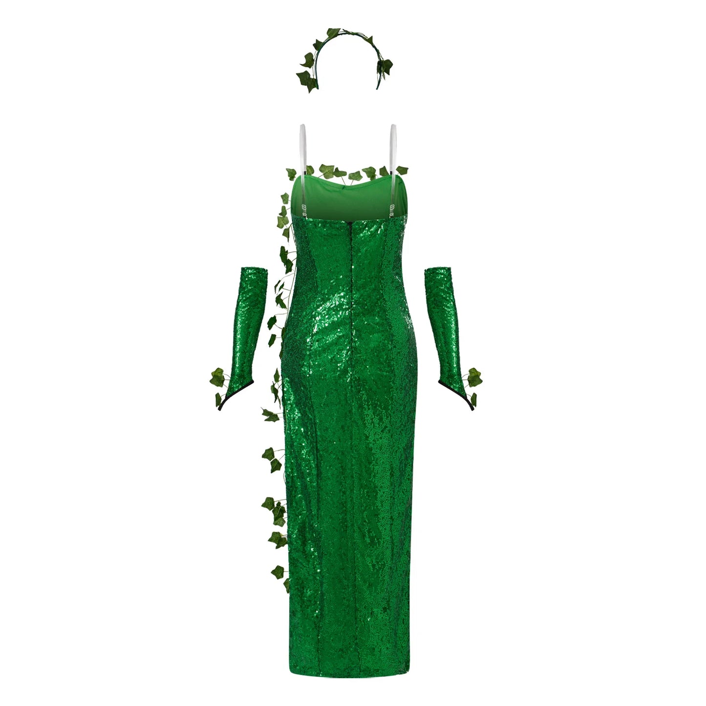 Women's Sexy Halloween Costume Deluxe Green Sequin Ivy Maxi Dress 3 Piece Poisonous Villain Cosplay Costume Set