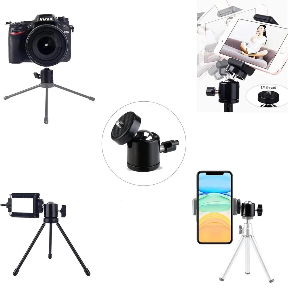 Adaptador de cabezal de cámara para trípode con zapata de 1/4" y orificio para tornillo, cabezal esférico con bloqueo, soporte para flash y luz LED para cámaras DSLR y DV.
