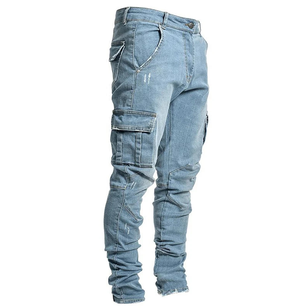 Pantalones vaqueros elásticos de calle para hombre, pantalones cargo de mezclilla lavados, de color sólido, con múltiples bolsillos, pantalones casuales de cintura media, ajustados, para uso diario, para correr