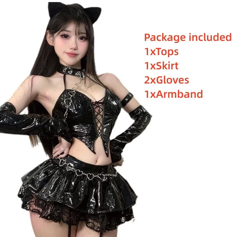 Disfraz de Halloween para mujer, cosplay de anime, reina de la ciudad del diablo Misa, uniforme, disfraz de cosplay, atuendo de cuero PU cyberpunk.