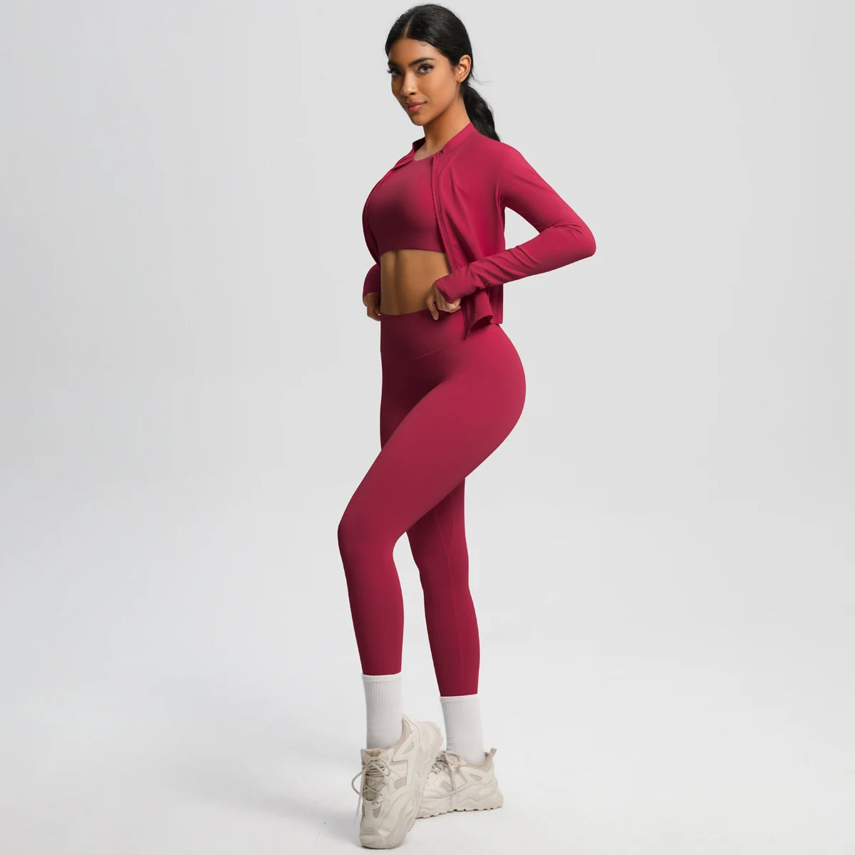 Conjunto de leggings de yoga, top deportivo con cremallera y manga larga, transpirable, para correr al aire libre, pantalones de yoga ajustados e informales, ropa de fitness