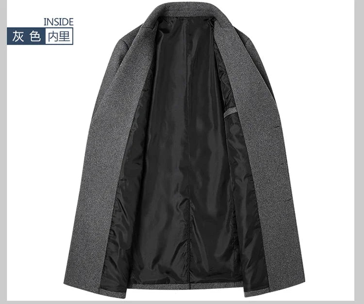 Nueva chaqueta cortavientos larga de lana de alta calidad para hombre, color negro y gris, clásica, gruesa y cálida, ideal para otoño e invierno (2025).