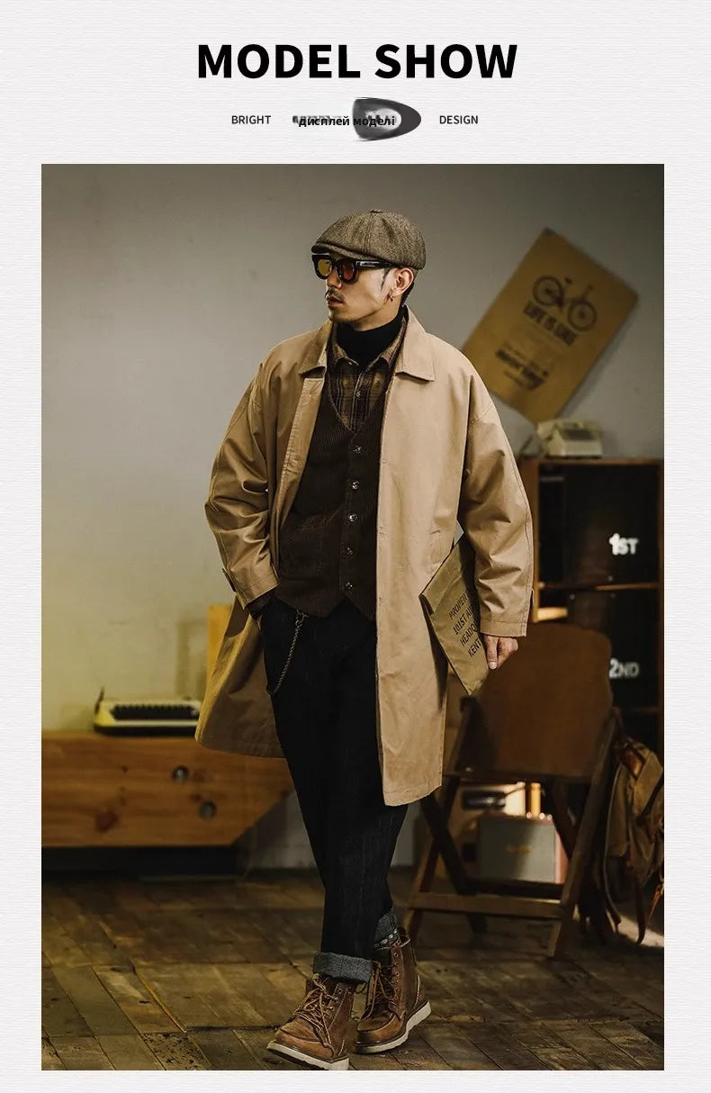 Retro American Sle Men's Long Coat Cotton Casual Faion Urban Youth Pure Color Button up Loose Fit Autumn Winter Coat