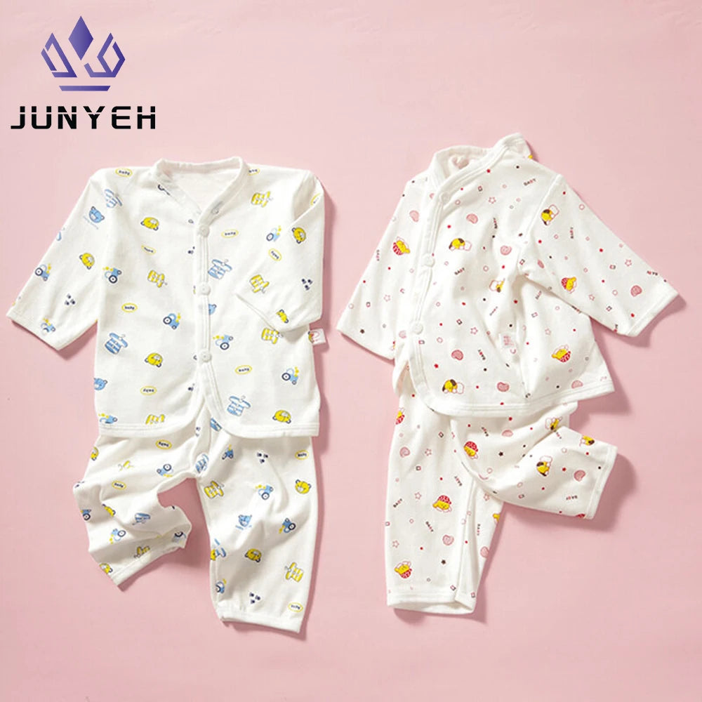 Ropa interior para bebé de 0 a 3 meses, con dibujos animados, para el hogar, de algodón, con botones, para niñas y niños, camiseta de manga larga y pantalones largos.