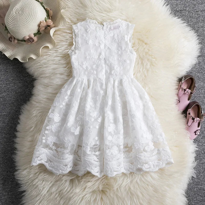 Vestido informal de verano para niñas, sin mangas, bordado, de princesa, color blanco, para vacaciones.