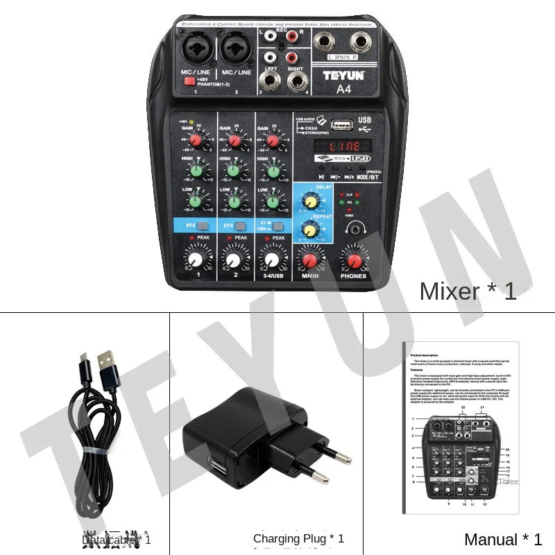 Mesa de mezclas de sonido para DJ TEYUN de 8, 6 y 4 canales, mezclador de audio con 24 efectos DSP, Bluetooth, PC, reproducción USB, grabación, controlador de 48 V, consola de mezclas