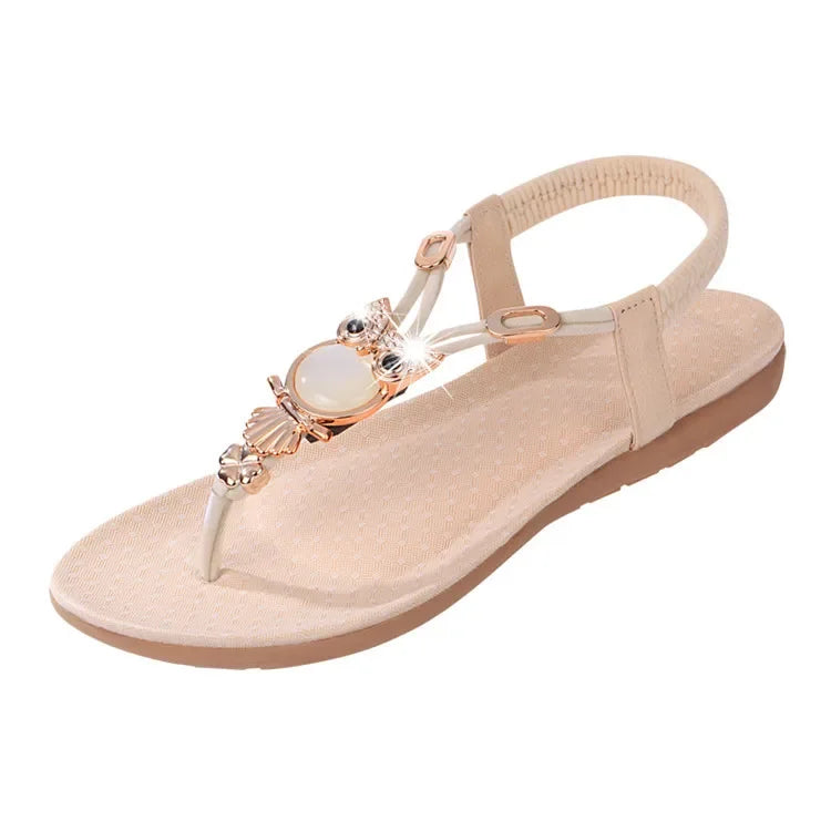 Sandalias planas bohemias de verano nuevas, informales, con cuentas de búho y clip en la punta, para mujer, parte superior de goma, suaves, cómodas y resistentes al desgaste.