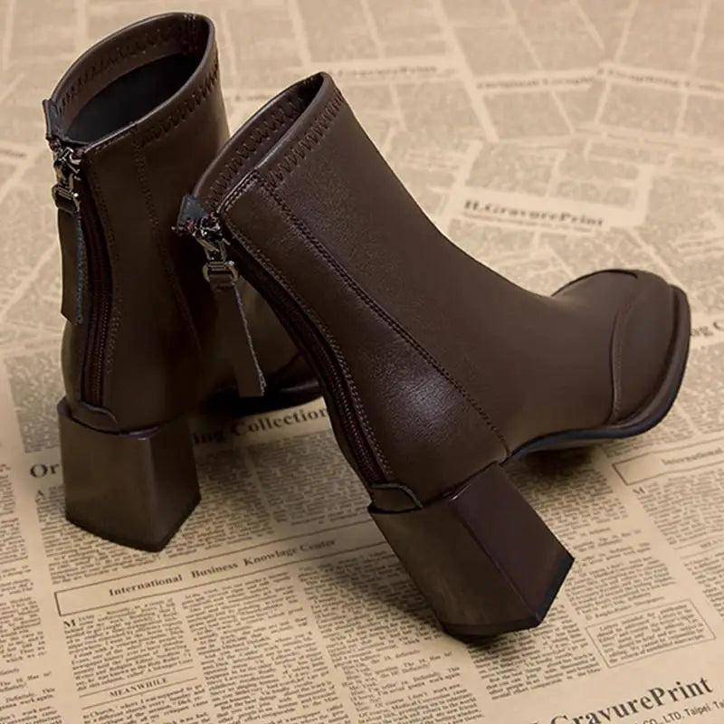 British Vintage Square Toe Ankle Boots Women 2025 Autumn Winter Thick High Heel Black Pu Boots Woman Cowboy Short Booties Shoes