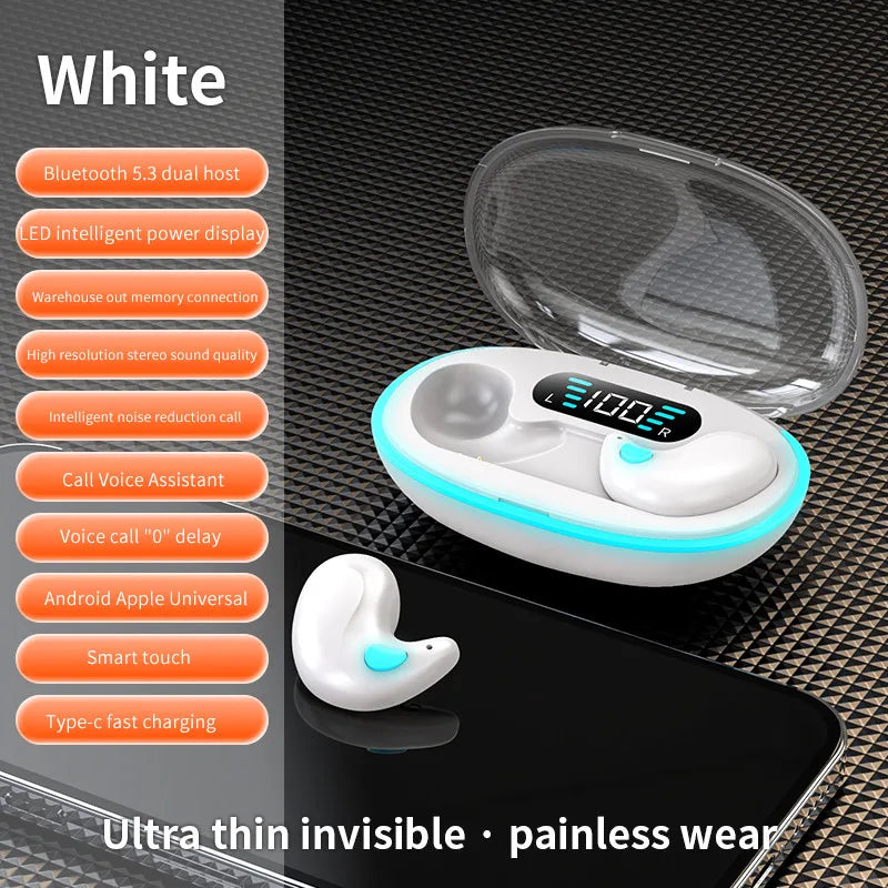 Mini auriculares invisibles para dormir TWS inalámbricos Bluetooth 5.3 con reducción de ruido oculta, auriculares estéreo deportivos