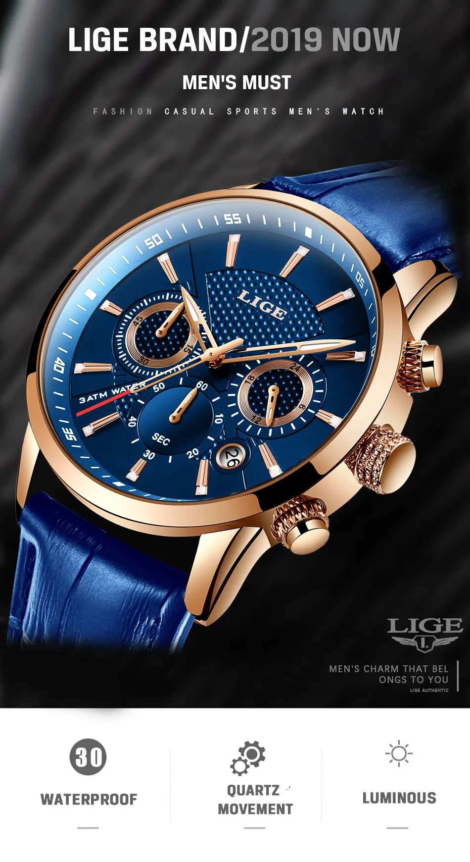 LIGE 2024 Reloj de lujo para hombre, reloj de cuarzo informal de negocios, reloj de pulsera de cuero a la moda para hombre, reloj impermeable para hombre