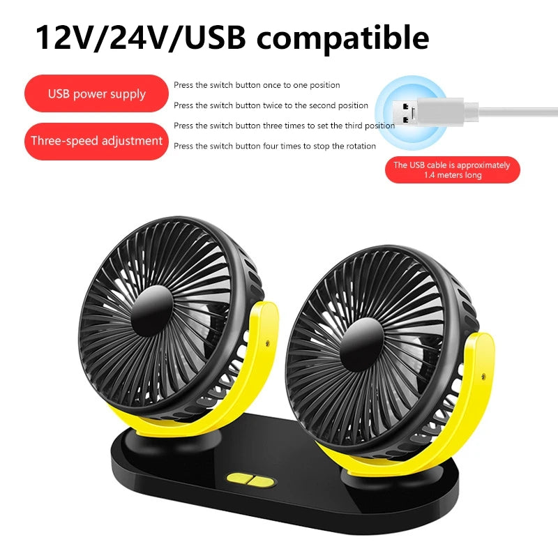 Ventilador de coche Xiaomi con doble cabezal ajustable de 360°, ventilador eléctrico para automóvil, USB/12 V/24 V, 2 velocidades, silencioso, para escritorio de casa