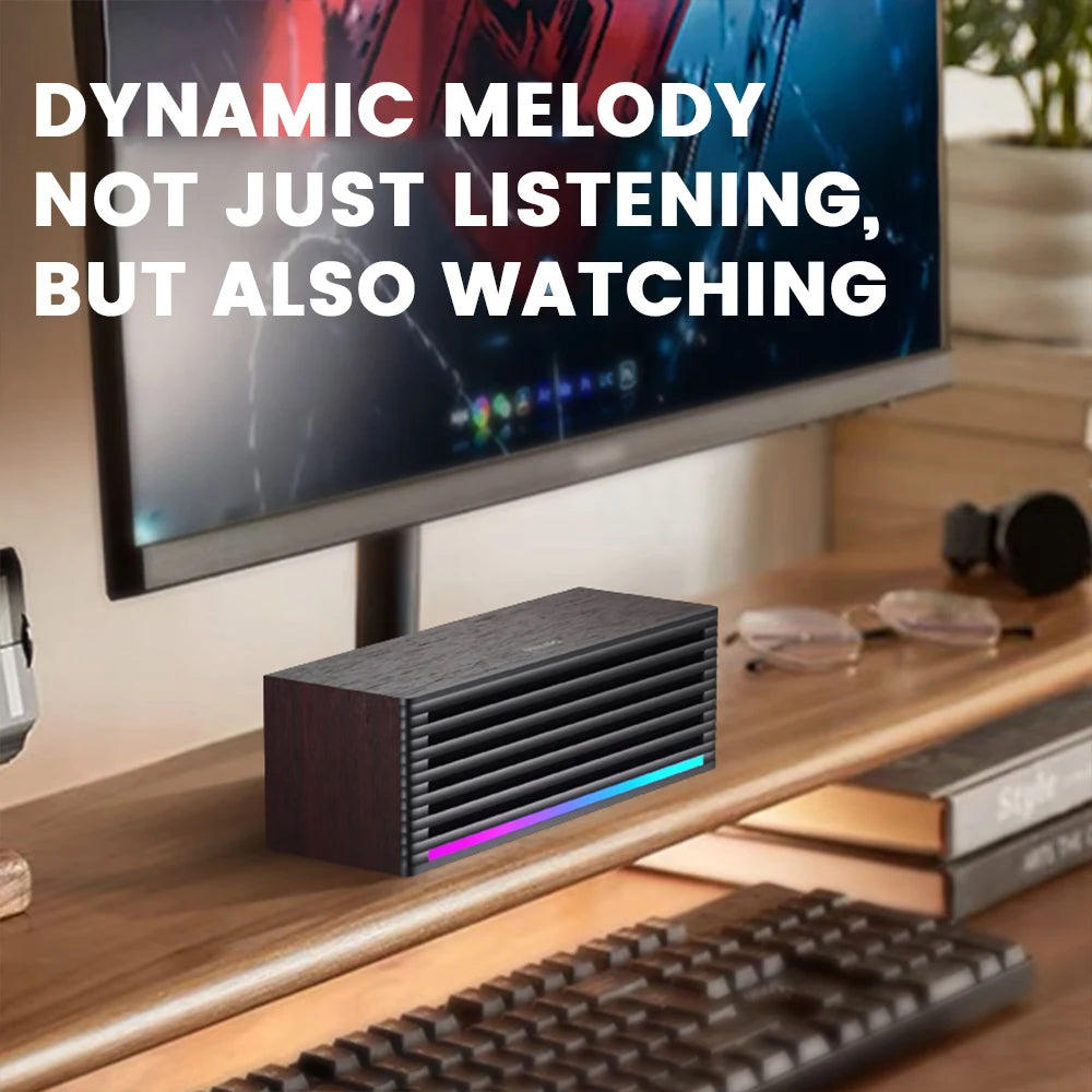 Barra de sonido de escritorio PHILIPS 3709, con un diseño de carcasa de madera simple, es moderna y compacta, y cuenta con tiras de luz RGB.