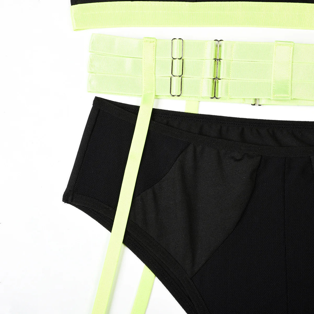 Conjunto de lencería sexy para mujer, con panel de encaje, escote en V profundo, glúteos abiertos, tirantes con forma de corazón de melocotón, cadena cruzada, liguero, ropa interior de tres piezas