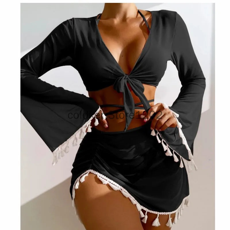 4 Piece Swimming Suit Women Beach Wear Solid Tassel Cover Up Mesh Mini Skirt Bikinis Set Cute Swimming Pool Outfit Summer