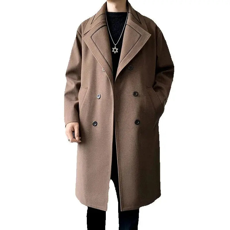 Trench Men Long Woolen Coats Autumn Winter Fashion Turn Down Collar Casual Outwear Male Double Breasted Loose Solid Chic Coat