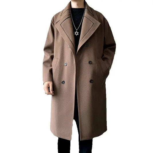 Trench Men Long Woolen Coats Autumn Winter Fashion Turn Down Collar Casual Outwear Male Double Breasted Loose Solid Chic Coat