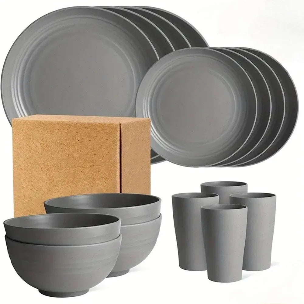 NUEVO Juego de 16 piezas de cuencos, tazas y platos, vajilla negra pura, platos de plástico para la cena y vasos de agua, regalo