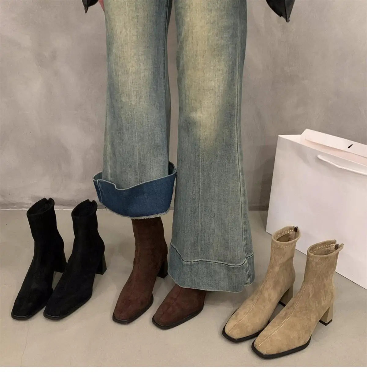 Vintage Women Ankle Boots 2024 Fashion Square Toe Thick High Shoes Autumn Winter New Ladies Elegant Stretch Slim Short Booties